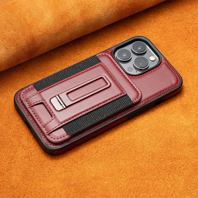 Magnetic card holder iPhone case in imitation leather with bracket, drop-resistant, shown in Black, Blue, Light Brown and Wine Red.
