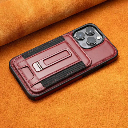 Magnetic card holder iPhone case in imitation leather with bracket, drop-resistant, shown in Black, Blue, Light Brown and Wine Red.