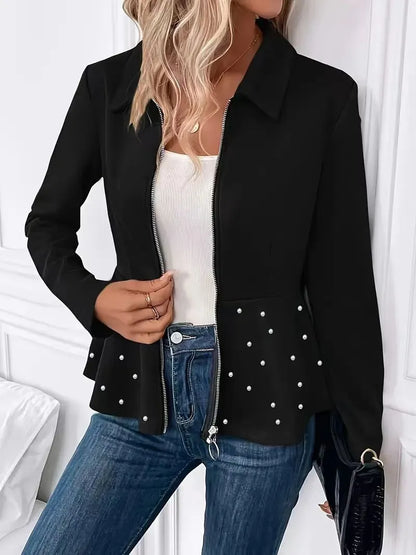 Women's black coat with beaded heavy-duty zipper and ruffled hem detail