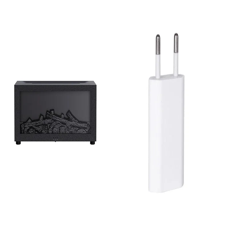 Square black flame essential oil diffuser with glowing 3D fire effect and coloured LED base lights.