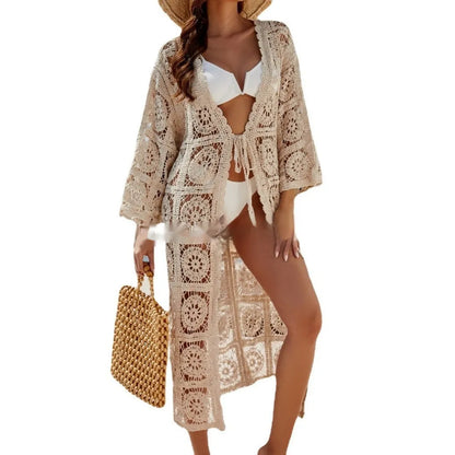 Apricot embroidered bikini beach set with long-sleeved cotton sun protection shirt