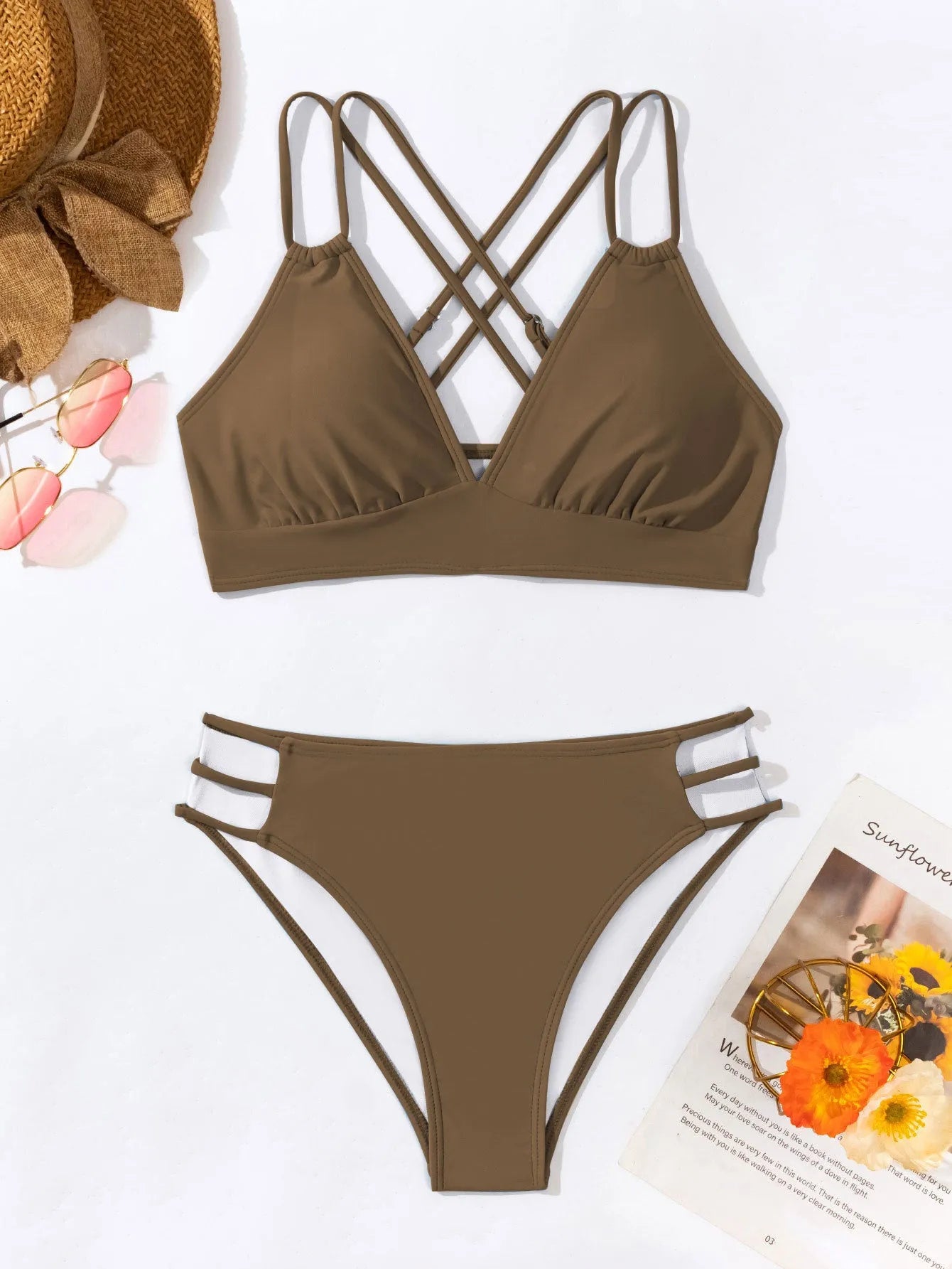 Women's nylon V-neck halter bikini swimsuit in a choice of six colours