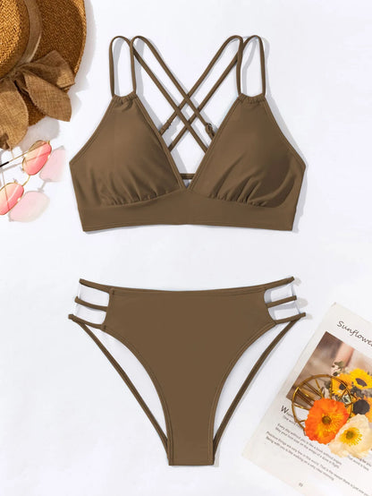 Women's nylon V-neck halter bikini swimsuit in a choice of six colours