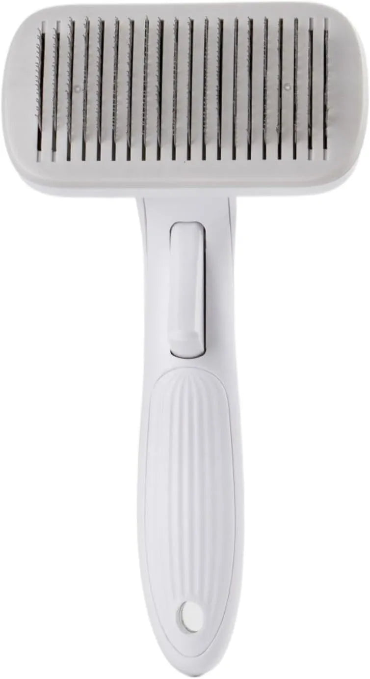 Blue automatic pet comb with one-click button for removing dog and cat hair on a table.