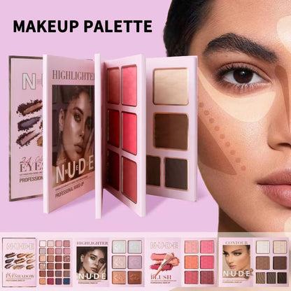 Makeup palette open showing eye shadows, matte blush, shimmer blush, and highlighter powders in shade U137A.