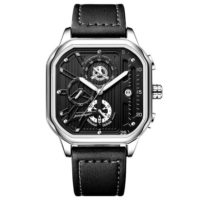 Men's black and gold belt-style quartz sports watch on wrist, 8mm thick case.