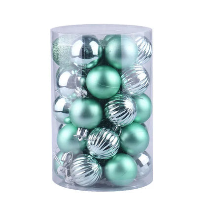 Assortment of 34 round 4cm plastic Christmas baubles in gold, silver, red, blue, and other colours.