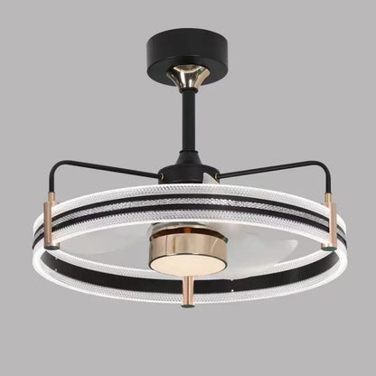 Modern minimalist fan lamp with remote control showing black finish and acrylic shade
