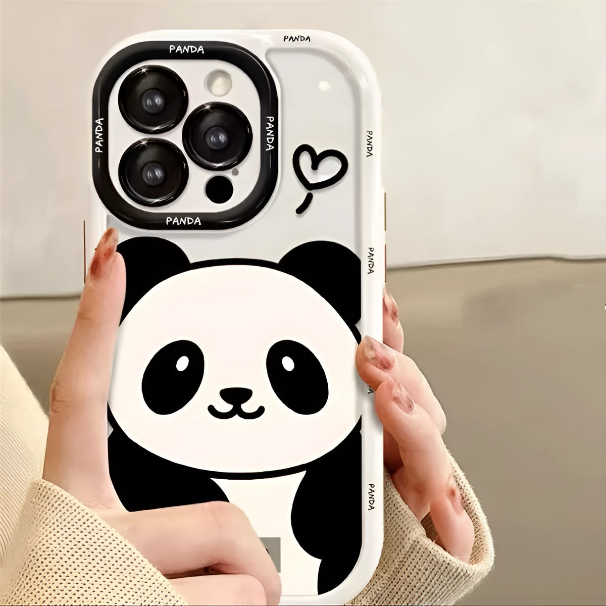 Plush Panda all-inclusive phone case in black or white, compatible with Apple and Huawei models.