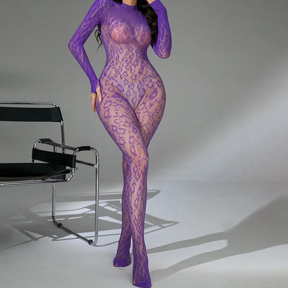 Black women's one-piece lingerie with long fishnet sleeves and a backless jacquard pattern.