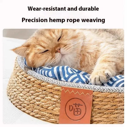 Rattan cat nest bed cage showing woven construction and elevated design for feline sleeping comfort