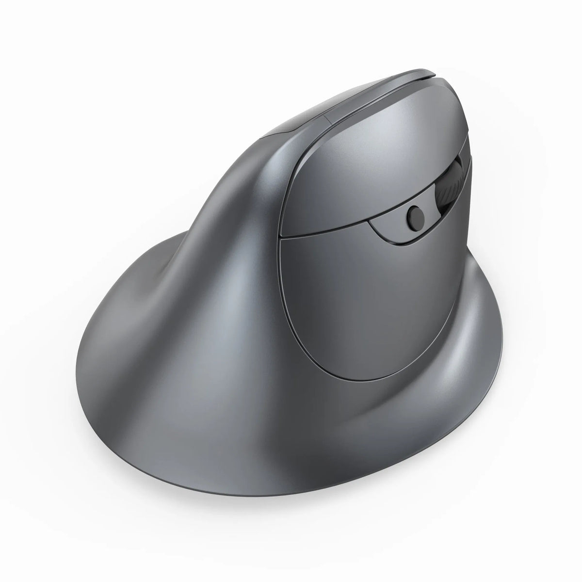 Grey handheld vertical mouse with dual-mode grip design for Bluetooth laptop connectivity