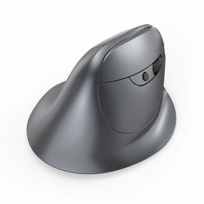 Grey handheld vertical mouse with dual-mode grip design for Bluetooth laptop connectivity