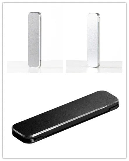 Aluminium folding mobile phone holder with backstick adhesive shown in black colour at 4mm thickness