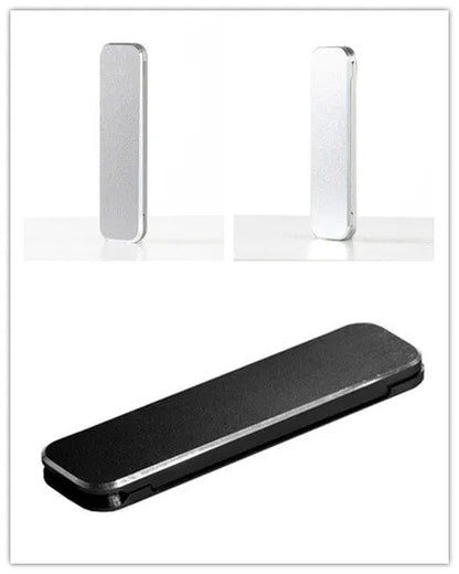 Aluminium folding mobile phone holder with backstick adhesive shown in black colour at 4mm thickness