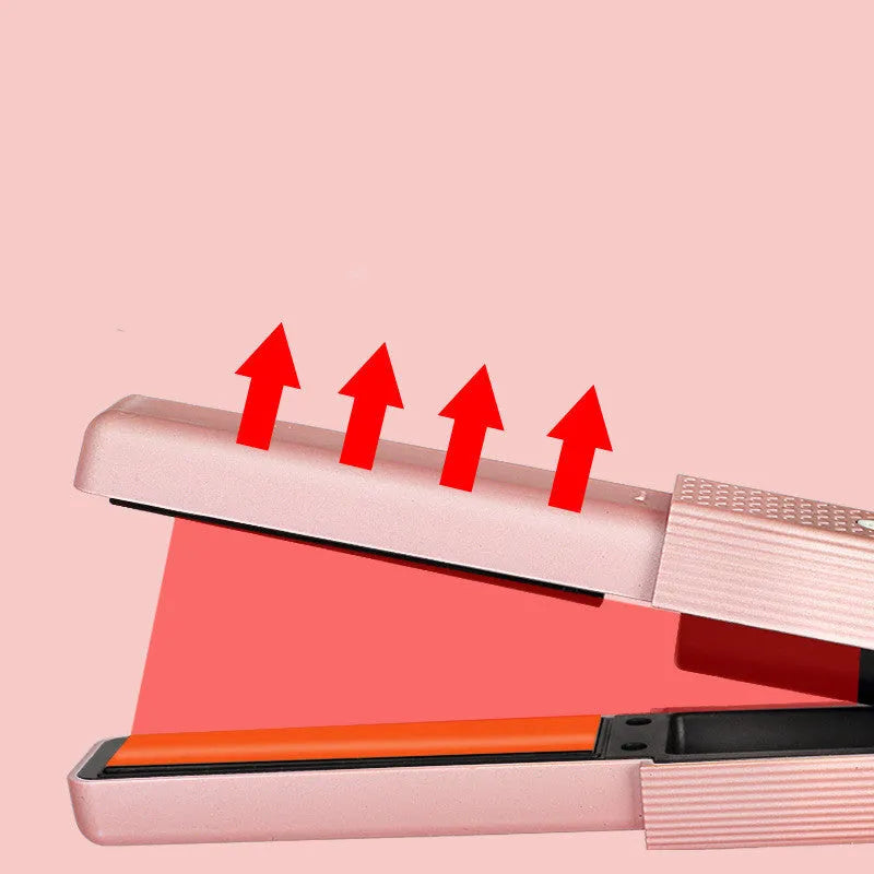 Pink and green cordless mini USB hair straightener and curler with ceramic plates.