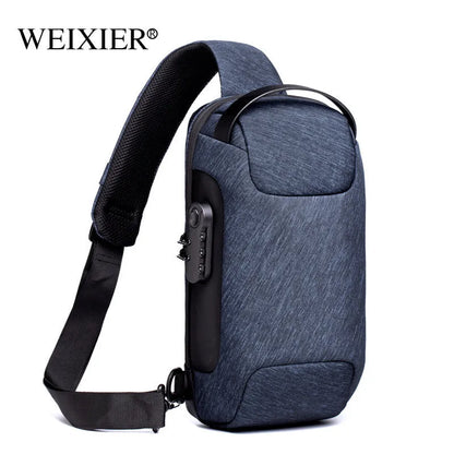 Men's waterproof Oxford crossbody sling bag in camouflage colour showing front zipper and strap.