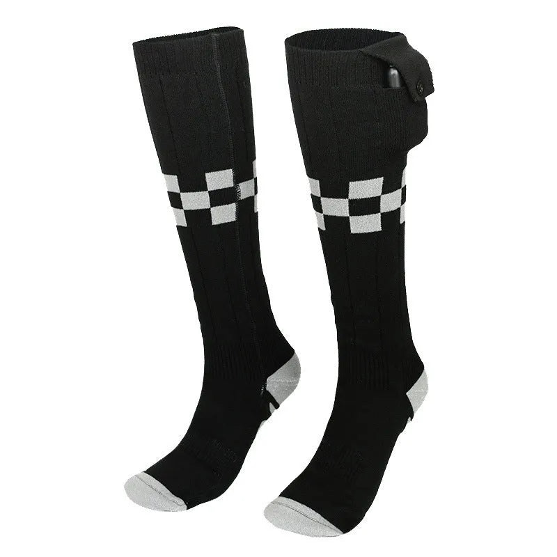 Black and grey mesh smart heating socks with USB cable and battery for skiing.