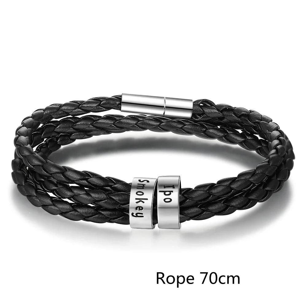 A personalized leather bracelet with engraved beads, a thoughtful gift for men