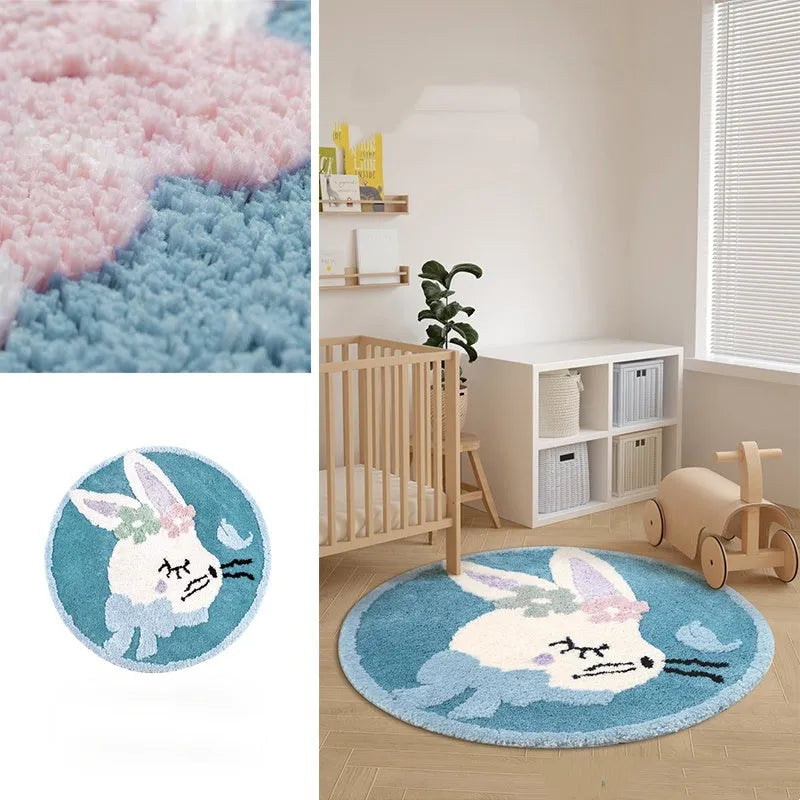 Round soft polyester children's floor carpet in forest green with anti-slip backing, shown beside a bed.