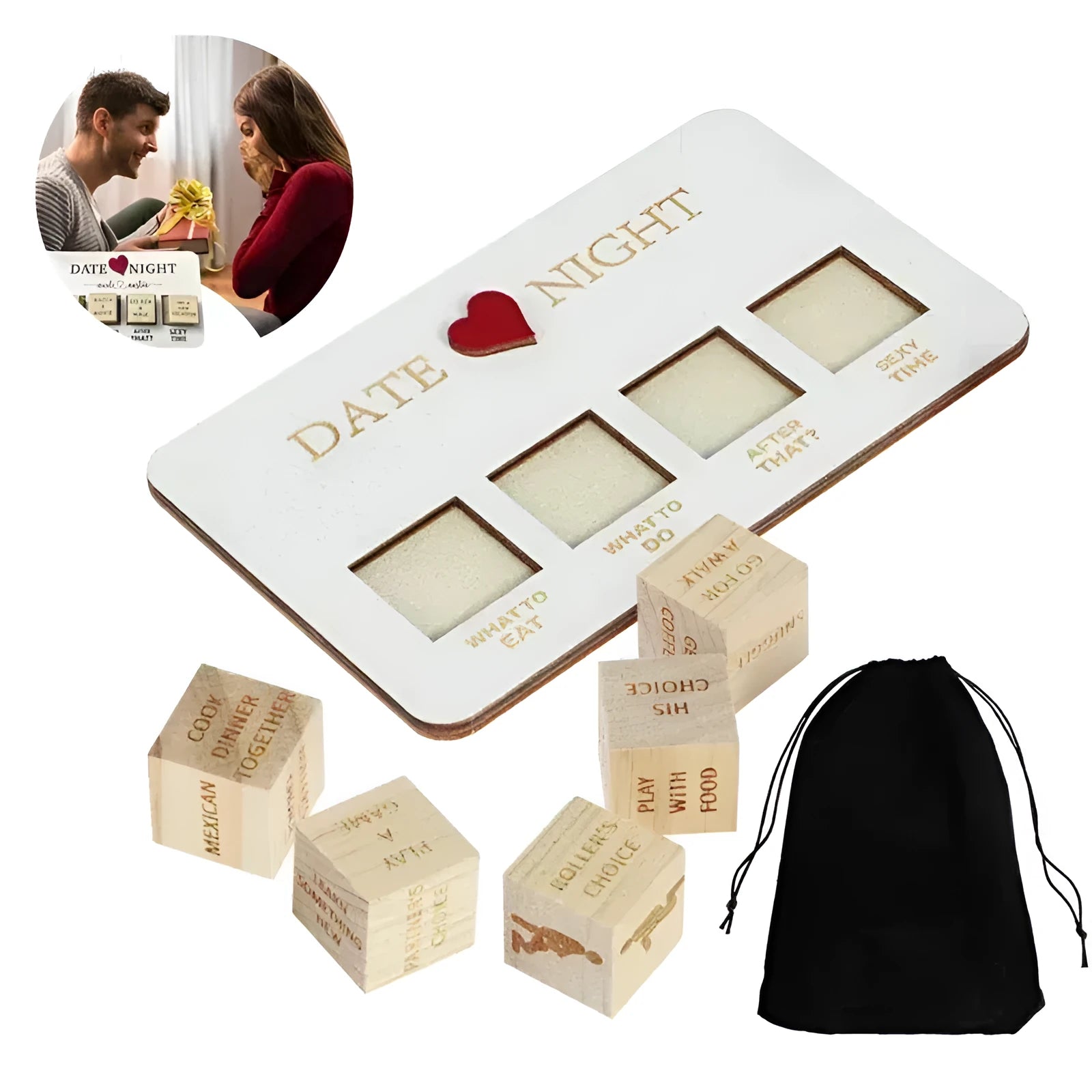 Wooden date night dice set with five 16x10cm dice, planner board, and black storage bag for couple activities