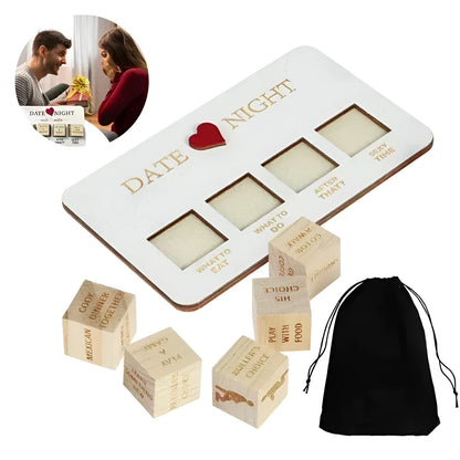 Wooden date night dice set with five 16x10cm dice, planner board, and black storage bag for couple activities