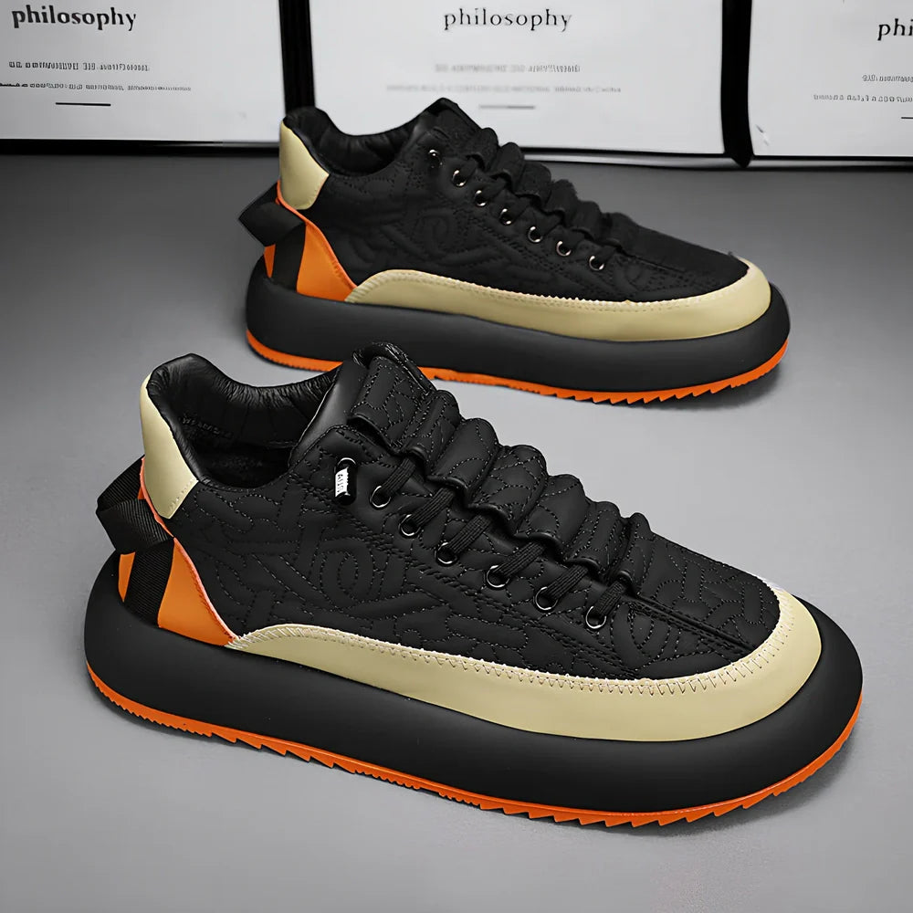 Men's black elastic band sports shoes with 3-5cm thick sole and round toe design