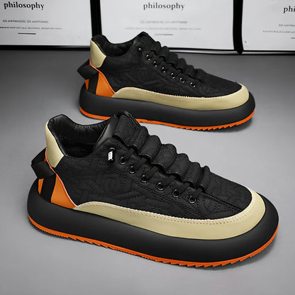 Men's black elastic band sports shoes with 3-5cm thick sole and round toe design