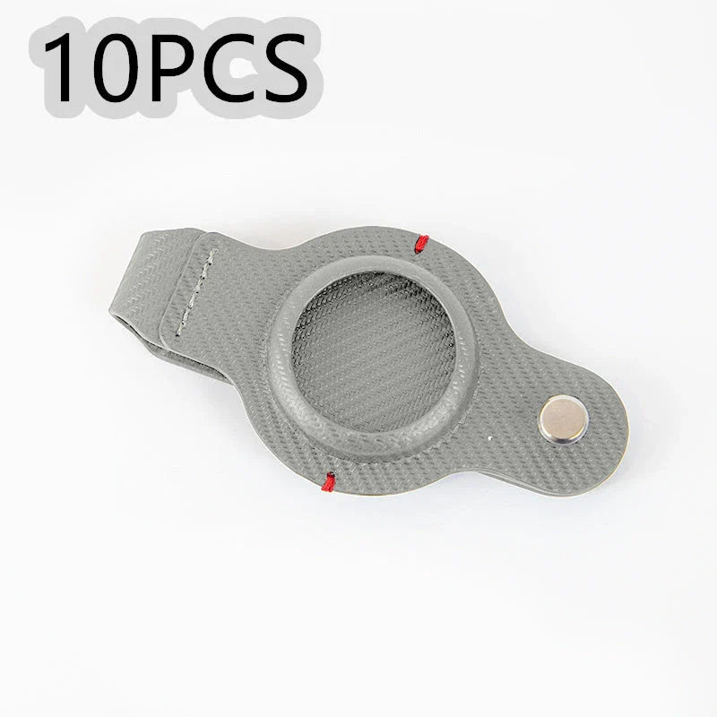 Premium PU leather AirTag keychain holder in black and grey colors for secure tracking of valuables