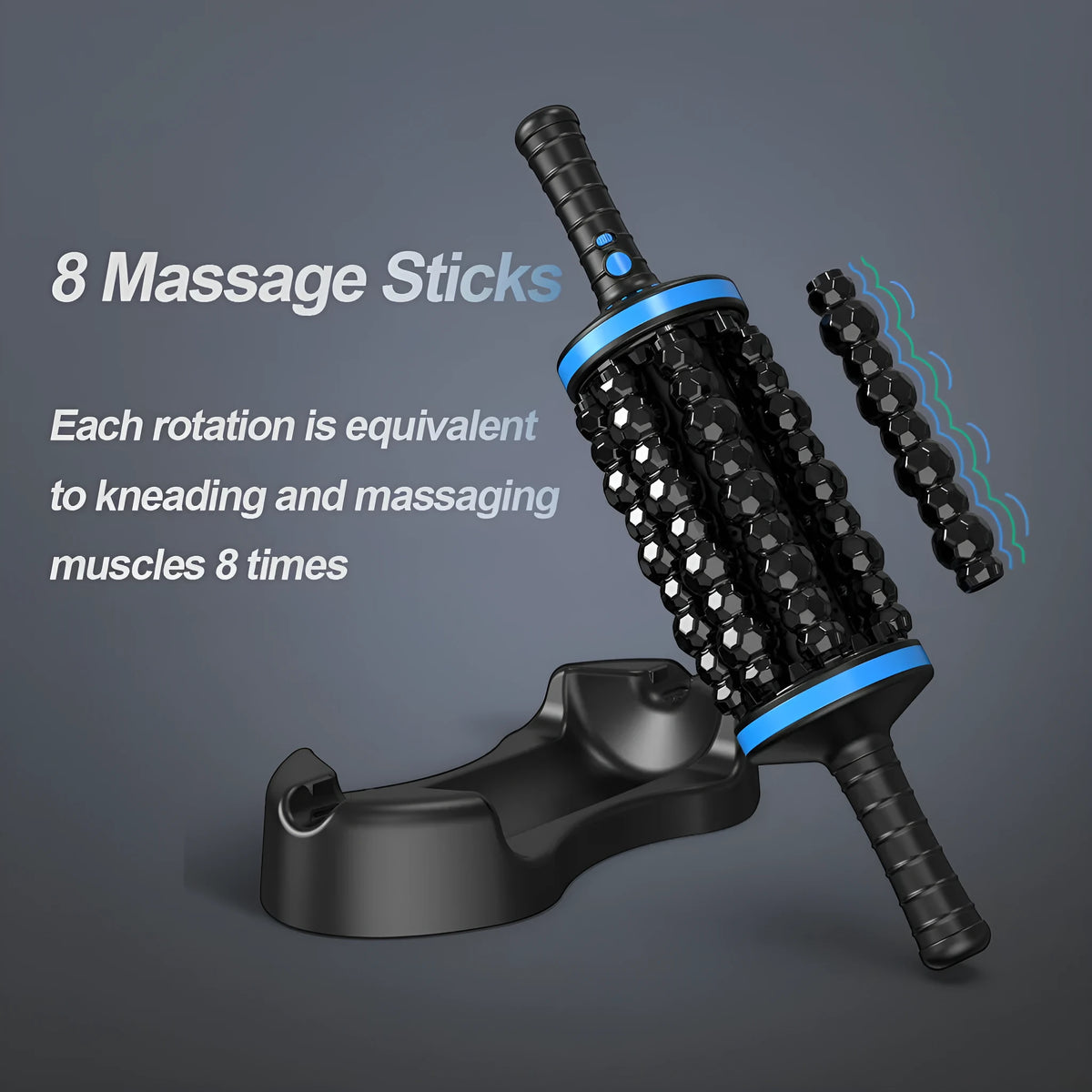 Handheld electric muscle massager in blue, grey or green colour with rolling head and multi-gear control.