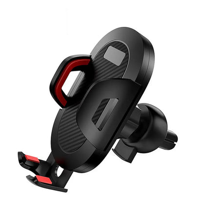 Auto lock car phone holder mounted on air vent, holding a mobile phone, in black grey colour