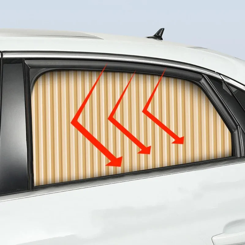 Car sunshade curtain with thick opaque cloth material and roller shutter retraction mechanism for flexible expansion and contraction in gold silver or black colour options