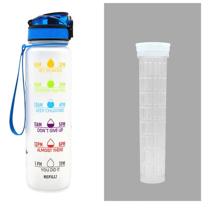 Blue and red gradient 1 litre Tritan sports water bottle with time markers and a flip-top lid.