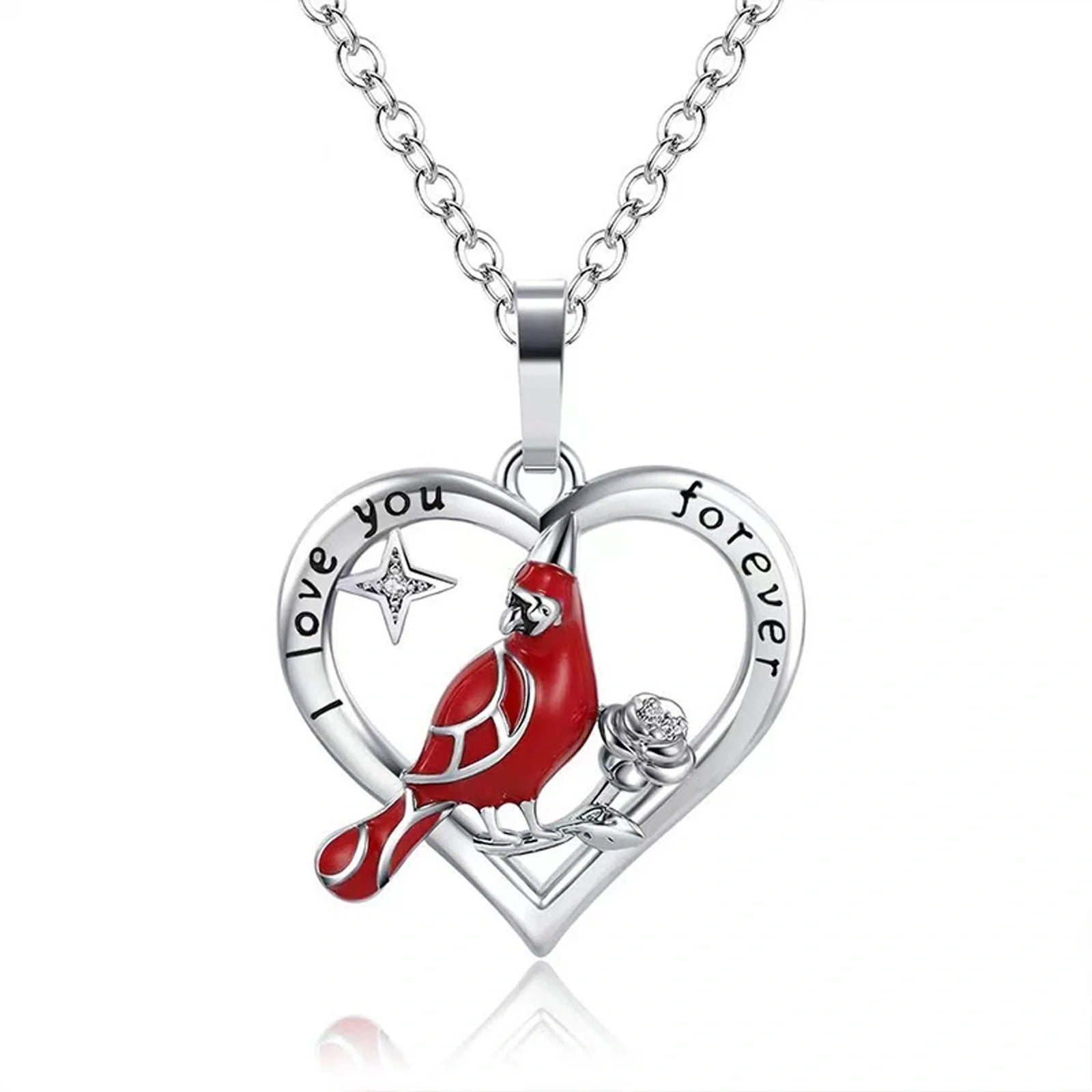 Elegant heart-shaped cardinal pendant necklace with a silver finish, perfect for gifting.