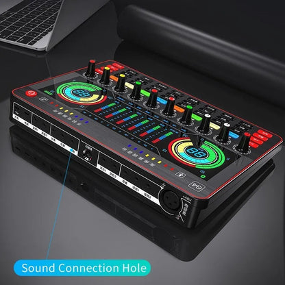 G4 professional USB sound card mixer with LCD screen, multiple knobs, and included microphone and cables