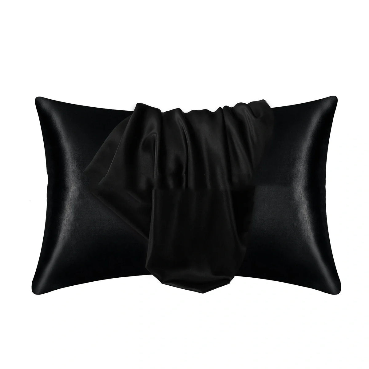 Envelope closure pillowcase in navy blue showing overlapping flap design and smooth polyester fabric texture