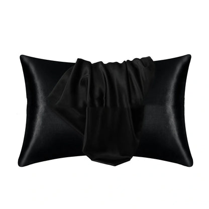 Envelope closure pillowcase in navy blue showing overlapping flap design and smooth polyester fabric texture