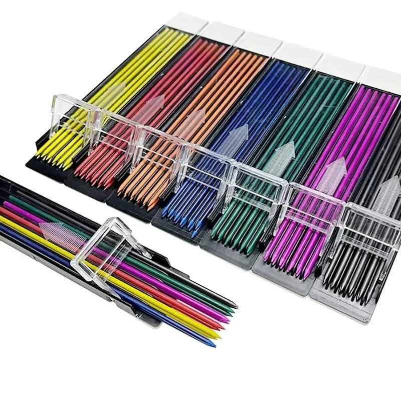Boxed mechanical pencil replacement lead in nine colours including rainbow style, 12 pieces per pack