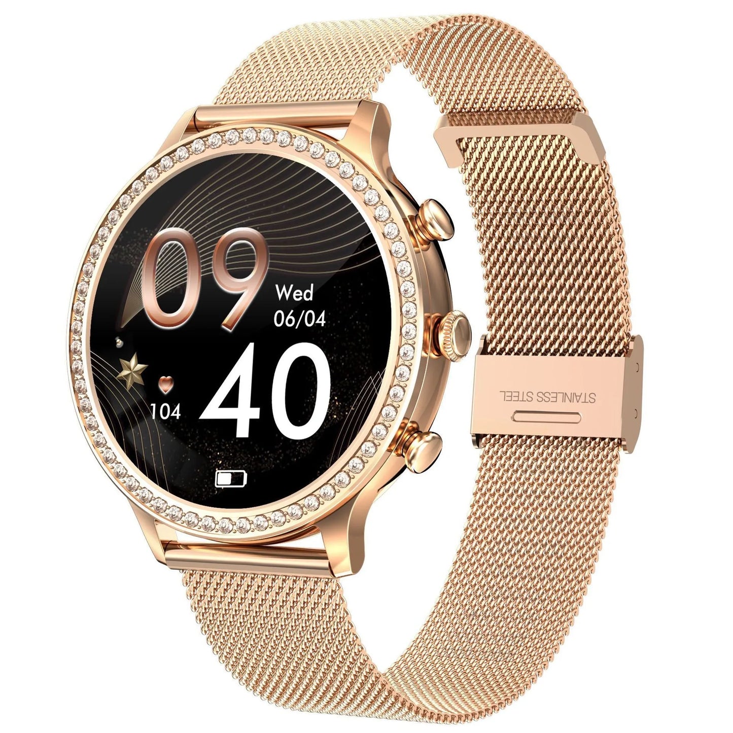 Women's smartwatch with Bluetooth calling on a silicone strap, showing gold and silver colour variants.