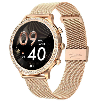 Women's smartwatch with Bluetooth calling on a silicone strap, showing gold and silver colour variants.
