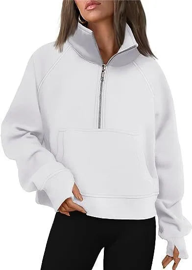 Women's loose lapel fleece-lined sweater in a solid colour with raglan long sleeves.