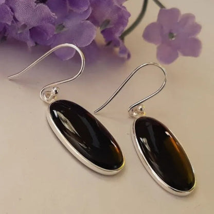 A pair of women's silver-plated alloy earrings with an oval black agate geometric pendant.