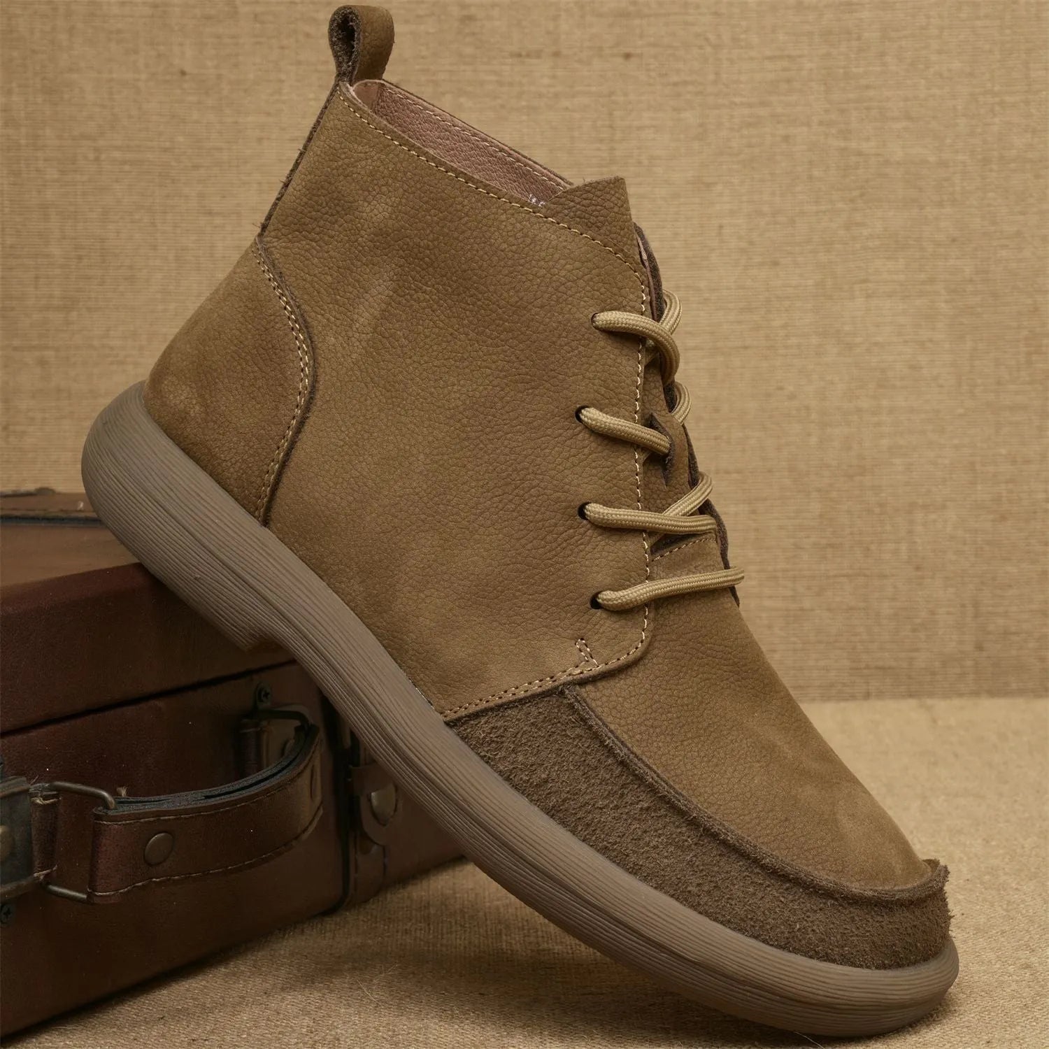 Grey and khaki genuine leather Martin boots with wedge heel and lace-up front