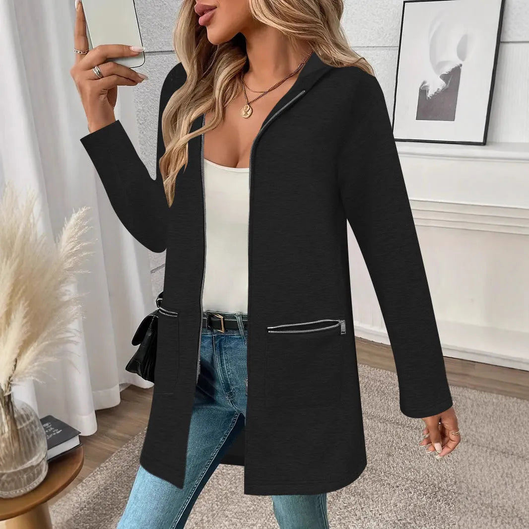 A grey women's loose-fit mid-length cardigan coat with pockets in a casual style.