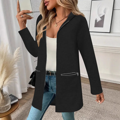 A grey women's loose-fit mid-length cardigan coat with pockets in a casual style.