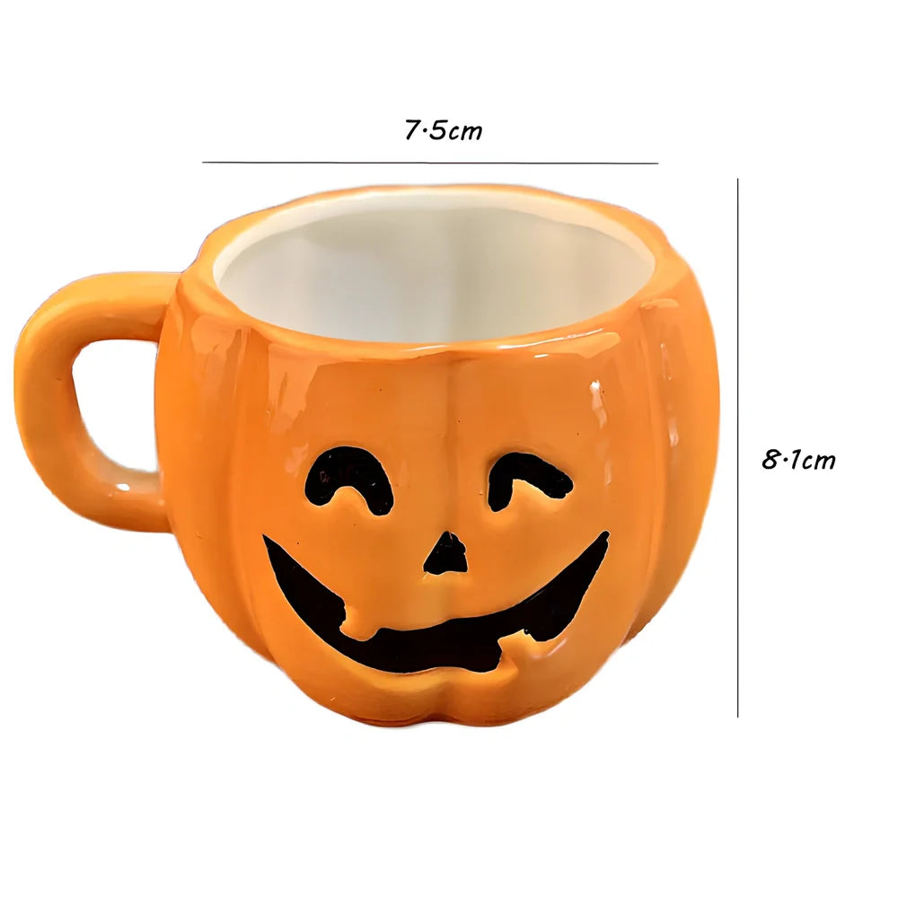 Ceramic Halloween pumpkin mug with cartoon face, 350ml capacity, 7.5cm diameter, includes matching spoon for seasonal drinks
