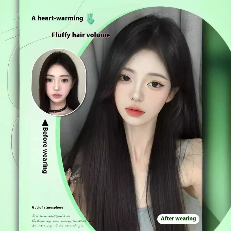 Female full-head wig with forehead lace seamless construction, fluffy high temperature fibre hair material, available in brown black and cold brown colour options with black long straight style featuring air bangs mechanism model variations