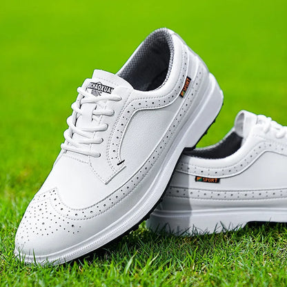 Men's lightweight golf shoe in lake blue with genuine leather upper and non-slip rubber sole.
