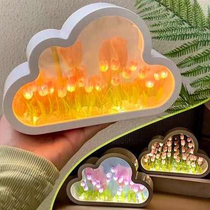 DIY Tulip Night Lamp with decorative mirrors and LED lighting in pink, purple, and blue
