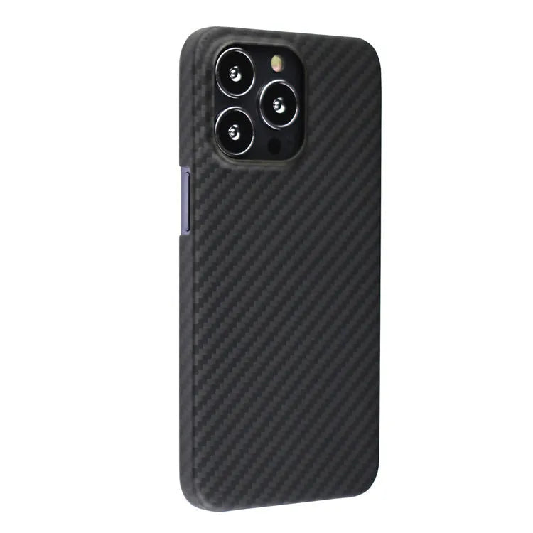 Matt black Kevlar fibre iPhone case with volcano crater texture shown on an iPhone 14 Pro.